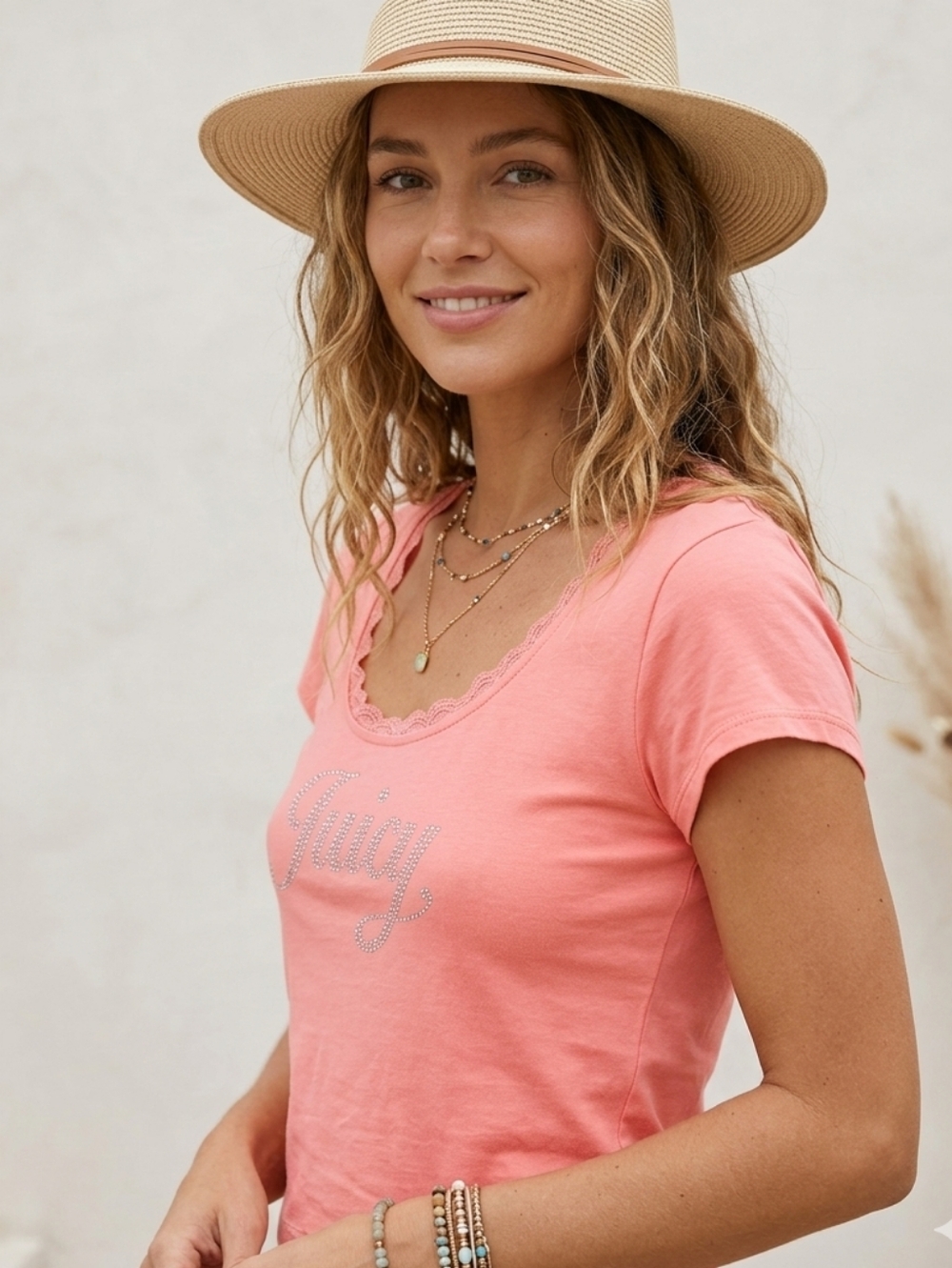 NEW Juicy Couture Pastel Coral Rhinestone Scoop Neck Tee